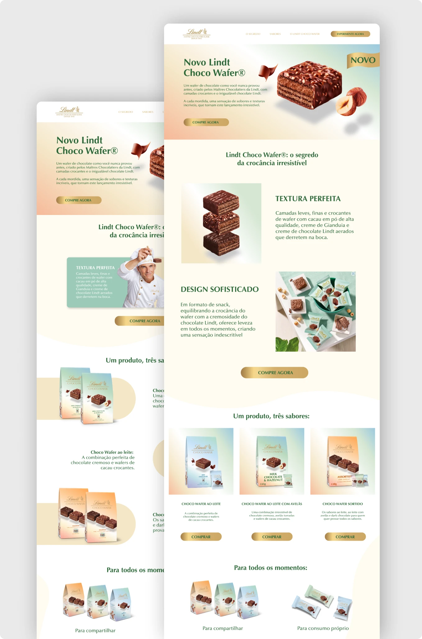 Landing page do lançamento Lindt Choco Wafer com design sofisticado e orientado a performance