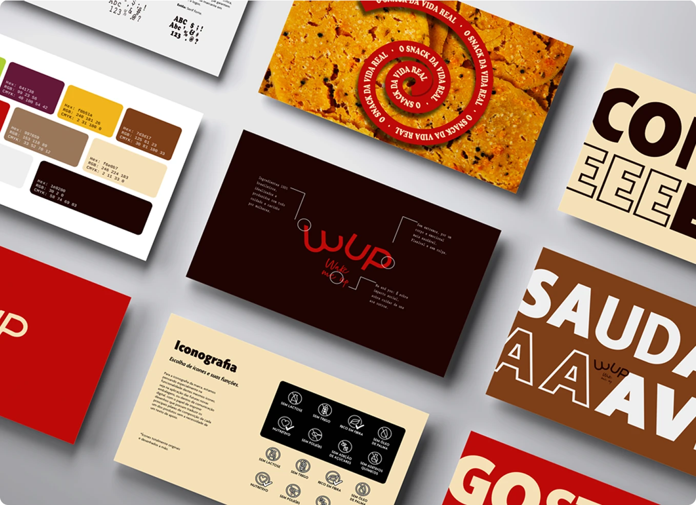 Cartões e materiais gráficos da WUP Food aplicando a nova identidade visual da marca
